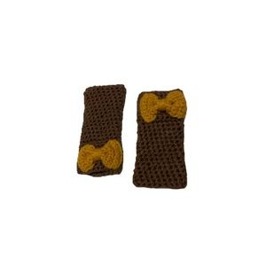 Handmade Knit Brown and Mustard Yellow Fingerless Gloves with Bows